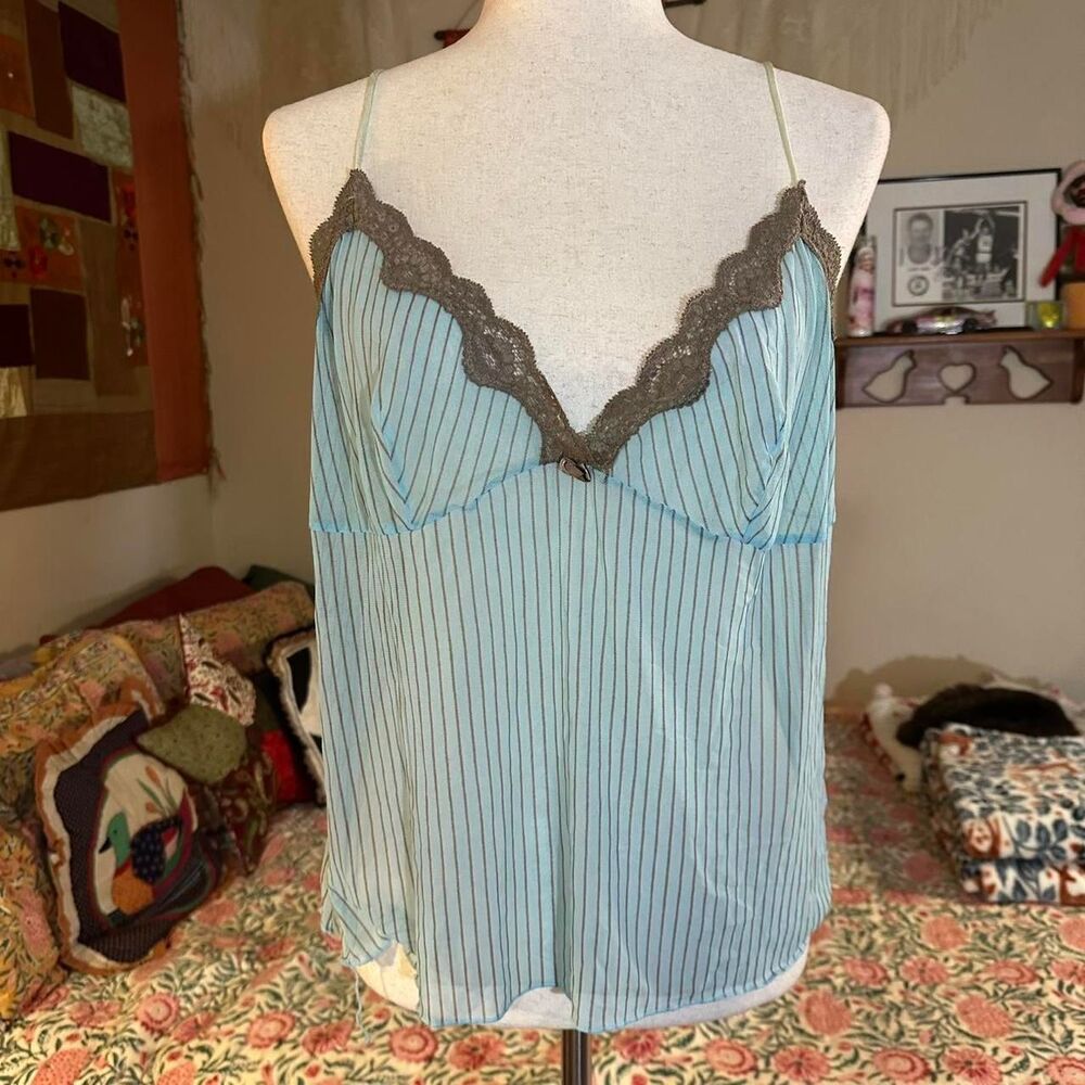Bali Studio Sheer Baby Blue and Gray Pin-Striped Tank Top